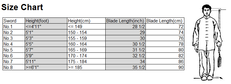 Tai Chi sword Size Chart